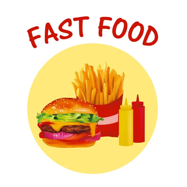 Vector Realistic fast Food icon Set Hamburguesas, Papas fritas, Ketchup, Mostaza . — Vector de stock
