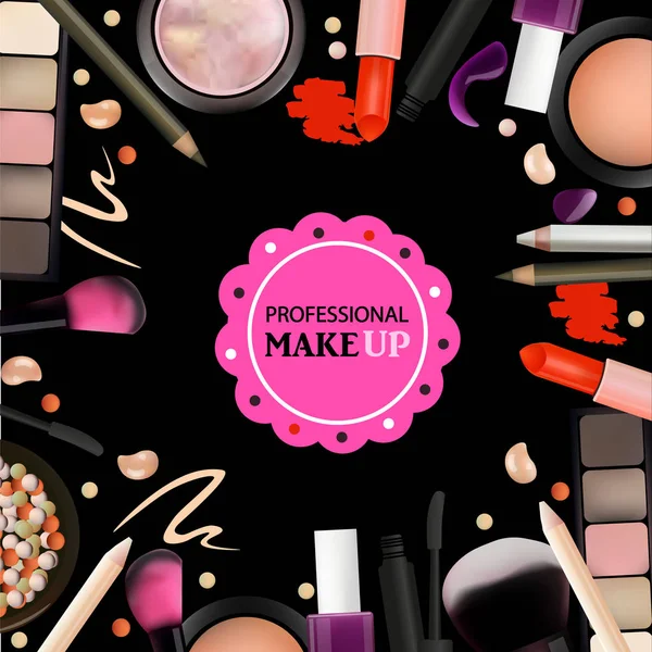 Beauty Make Up Design pour Salon, Cours, MakeUp Artists. Produits cosmétiques, maquillage professionnel, soins. Modèle imprimable pour bannière d'affaires, affiche, bon d'achat, livret. Illustration vectorielle — Image vectorielle