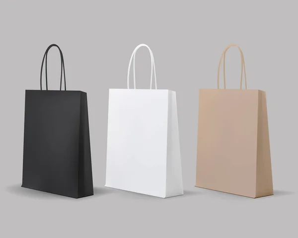 Conjunto de sacos de compras vazios. Branco, castanho, preto, cartão. Conjunto para publicidade e branding. Pacote MockUp . —  Vetores de Stock