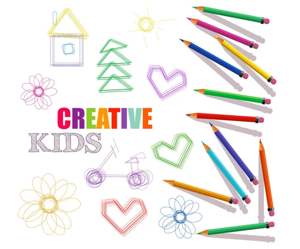 Modelo criativo para estúdio de arte, laboratório, cursos para crianças. lápis e desenhos coloridos . —  Vetores de Stock