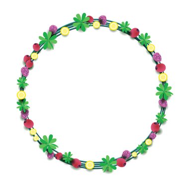 yaprakları, yonca ve çilek yeşil renklerde çiçek çelenk