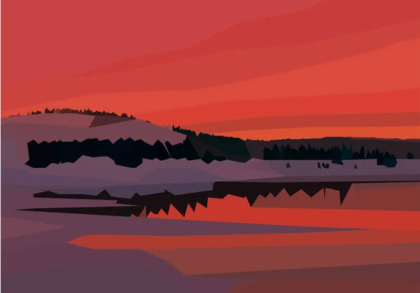 Paisagem de polígono. lago, montanhas e árvores em cores vermelhas —  Vetores de Stock