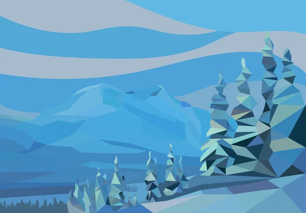 Полигонный пейзаж. векторная иллюстрация. снежные горы и деревья — стоковый вектор
