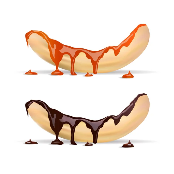 Banaan met vloeibare chocolade en karamel — Stockvector