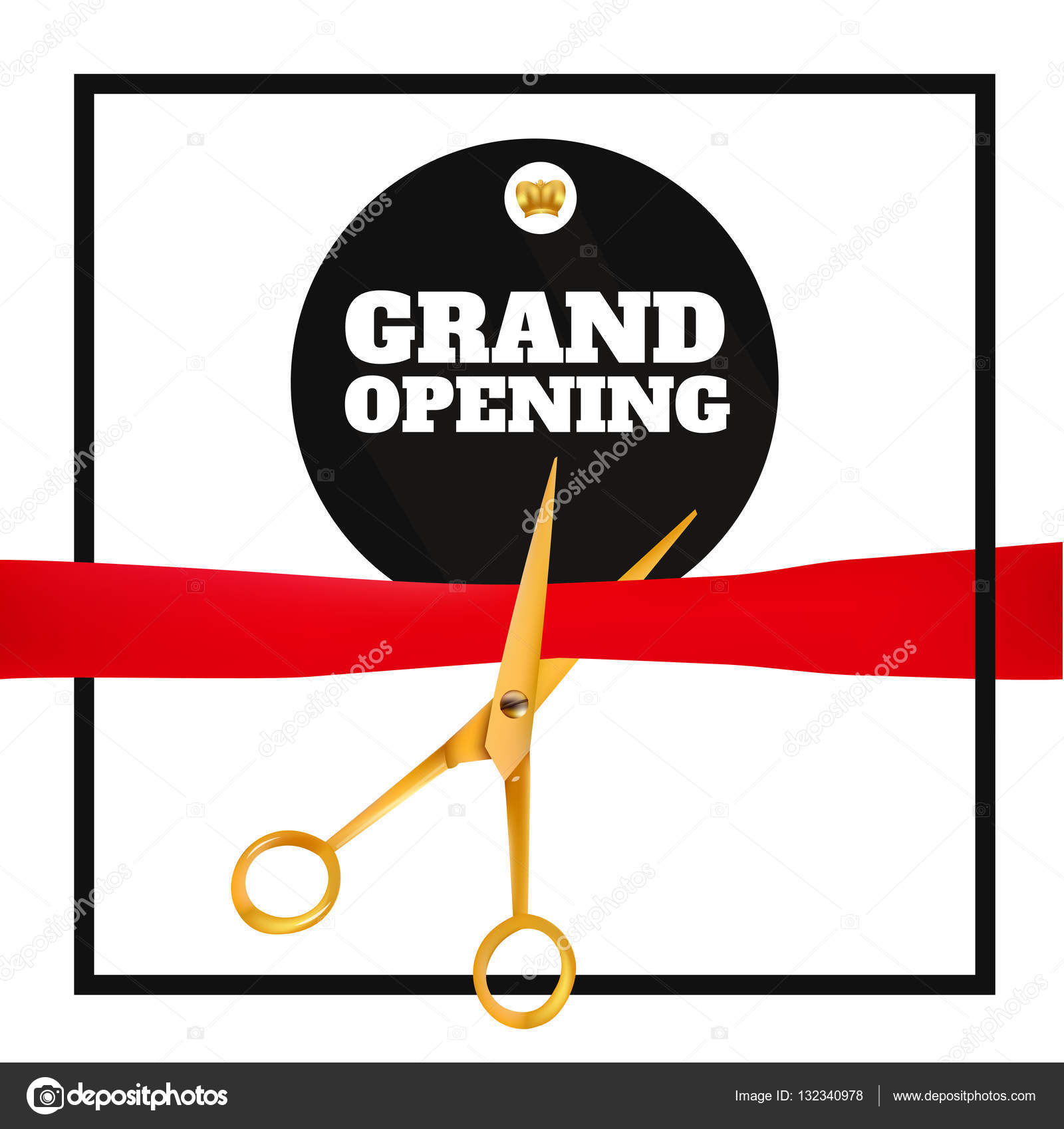 Gold Scissors Cut Red Ribbon. Grand Opening, Vectors