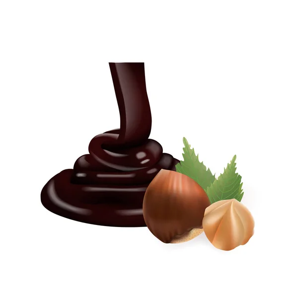 Nocciola con Cioccolato liquido. Illustrazione vettoriale 3d — Vettoriale Stock