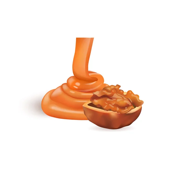Walnoot met karamel. 3D-vectorillustratie — Stockvector