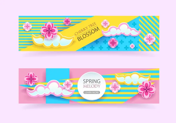 Papel cortado Banner set with sakura, japaneese cherry tree blossom. Design gráfico vetorial . —  Vetores de Stock