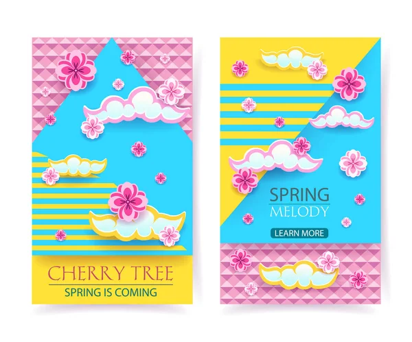 Cut paper Banner set dengan sakura, bunga cherry japaneese pohon ceri. Desain grafis vektor . - Stok Vektor