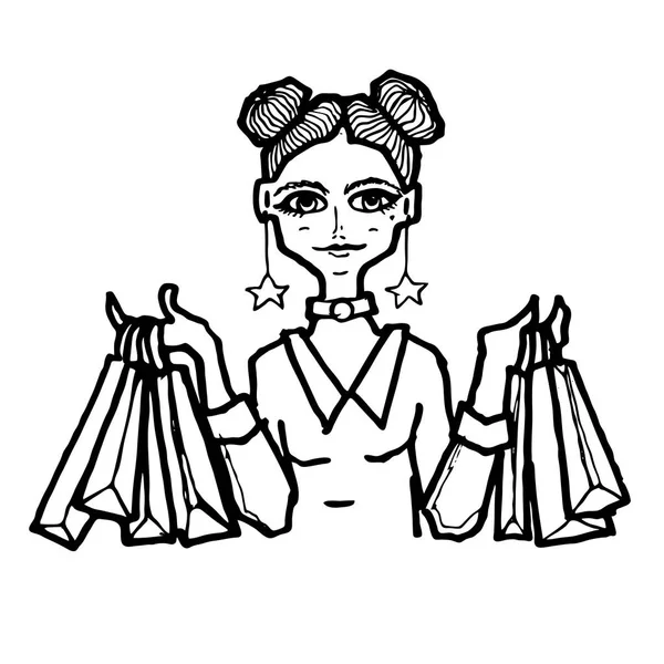 Dibujado a mano Chica con muchas bolsas de compras — Archivo Imágenes Vectoriales