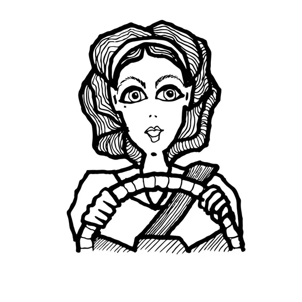 Una donna che guida un'auto. disegno disegnato a mano — Vettoriale Stock
