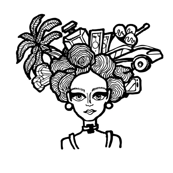 Fille dessinée à la main avec différents objets dans ses cheveux — Image vectorielle