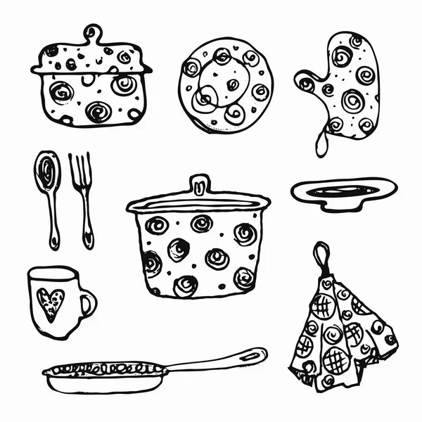 Conjunto de platos de cocina. ilustración dibujada a mano . — Archivo Imágenes Vectoriales