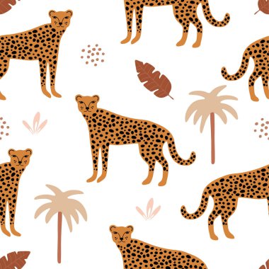 Balta girmemiş orman deseni. El çizimi leopar, palmiyeli çita deseni ve beyaz arka planda tropik yapraklar..