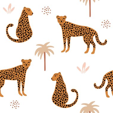 Tropik hayvan çitası, leopar, orman yaprakları ve palmiyelerle kusursuz desen. Kumaş, tekstil ve ambalaj için soyut dijital kağıt arkaplanı