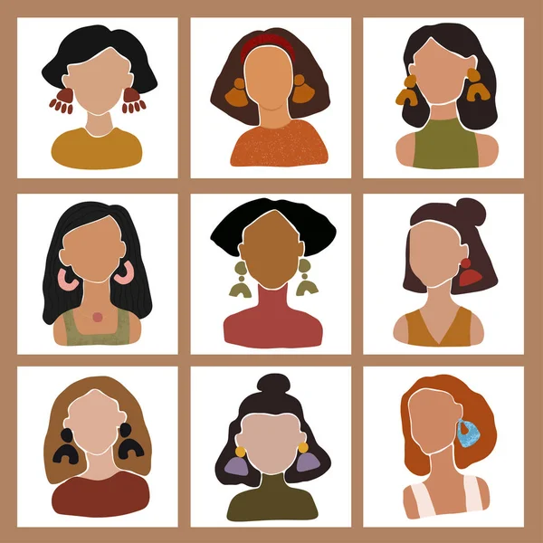 Kadın portreleri seti. Soyut kız karakterleri. Küpeli modern yüzler. Feminist çizimler. Ünlü karakter el çizimi sanat.