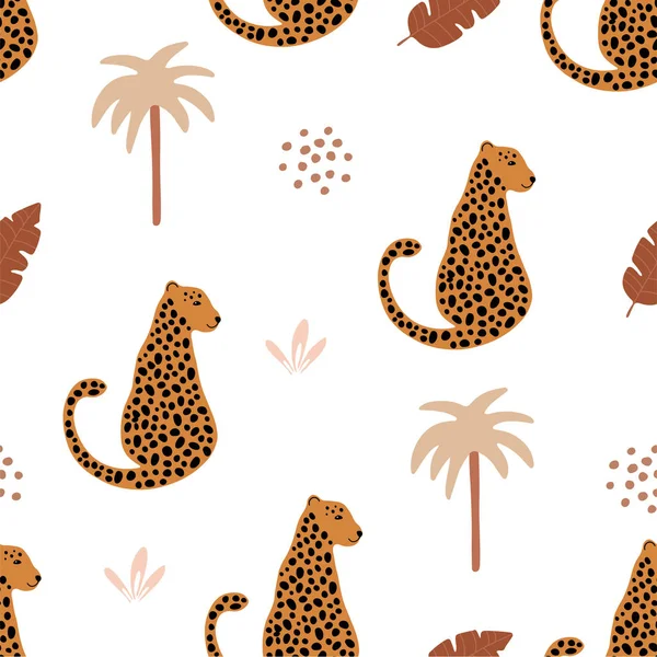 Leopard, Gepardenmuster mit Palmen und tropischen Blättern. Dschungel nahtlose abstrakte Muster. Digitale Vektorgrafik — Stockvektor