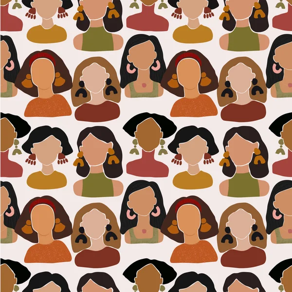 Naadloos patroon met meisje, vrouwenportretten. Karakter gezichten illustratie. Internationale vrouwendag. — Stockvector