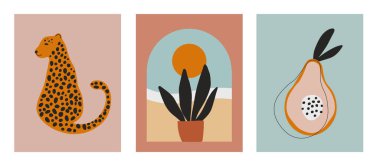 Çita, leopar, planör ve güneş, doğa ve meyveli dijital sanat çizimleri. Basit renklerde minimalist çizgiler. Duvar resimleri, baskılar, kartlar için modern posterler.