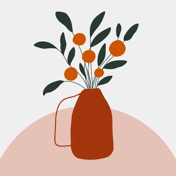 Ilustración con planta de naranjos sobre la mesa. Decoracion minimalista de paredes de cristal de scandinavia, diseño de tarjetas, cartel. Gráficos digitales vectores. — Vector de stock