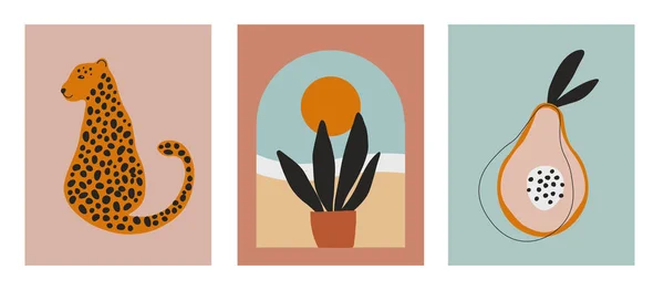 Digitale Illustrationen mit Geparden, Leoparden, Pflanzen und Sonne, Natur und Früchten. Minimalistische Linienkunst mit einfachen Farben. Moderne Poster für Wandkunst, Drucke, Karten. — Stockvektor