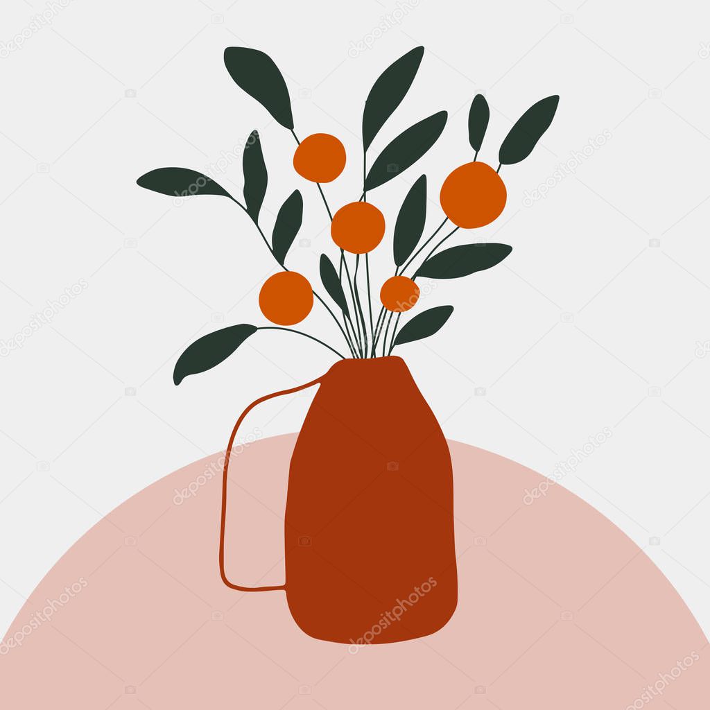 Illustration with orange tree plant on the table. Minimalist scandinavian wall art decor, card design, poster. Digital vecor graphics.