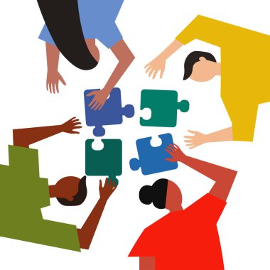Bir grup insan elementleri bir araya getirmeye çalışıyor. Takım çalışmasının vektör çizimi. İş tartışmasındaki karakterler takımı.