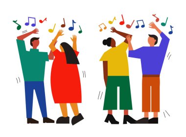 Dans eden birkaç kişi. Müzik ve disko konsepti. Çizgi film karakterleri hareket eder ve dans eder. Mutlu erkek ve kadın çizimleri.