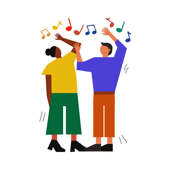 Un par de personas bailando. Concepto de música y disco. Los personajes de dibujos animados se mueven y bailan. Ilustración de hombres y mujeres felices . — Vector de stock