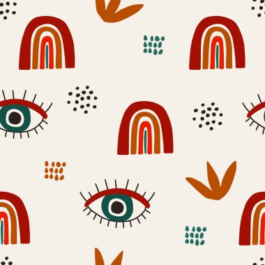 Gökkuşağı desenli, soyut, pürüzsüz desen. İskandinav tarzında elle çizilmiş moda bir arka plan. Bebek deseni.
