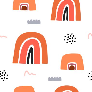 Gökkuşağı soyut deseni, vektör arkaplan. İskandinav tarzı gökkuşağı çizimi. El çizimi geometrik biçim.