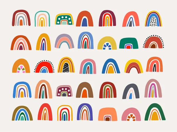 Arcobaleno vettore astratto impostato. Arcobaleni disegnati a mano in stile scandinavo minimalista. Bambino moderno, illustrazioni per bambini. Arcobaleno in diverse forme . — Vettoriale Stock