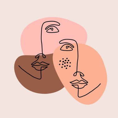 Soyut çizgi sanat yüzü, modern minimalist kadın portresi. Genç kız el çizimi karakter. Vektör soyut illüstrasyonu.