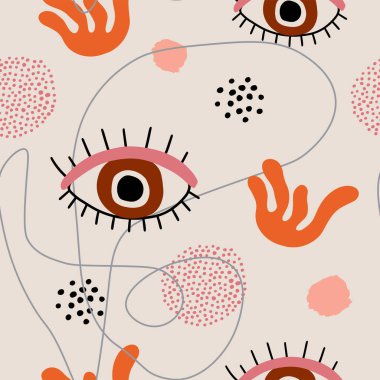 Göz, çizgiler, noktalar ve dekoratif yapraklarla soyut vektör deseni. Bebek, çocuk, çocuk, kumaş ya da tekstil tasarımı için modern trendsiz tasarım.