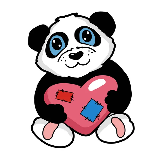 Baby-Panda mit Herz-Vektorabbildung. Niedlicher Animal Print für Kinder. Cartoon Schwarz-Weiß-Bär handgemalte digitale Grafiken — Stockvektor