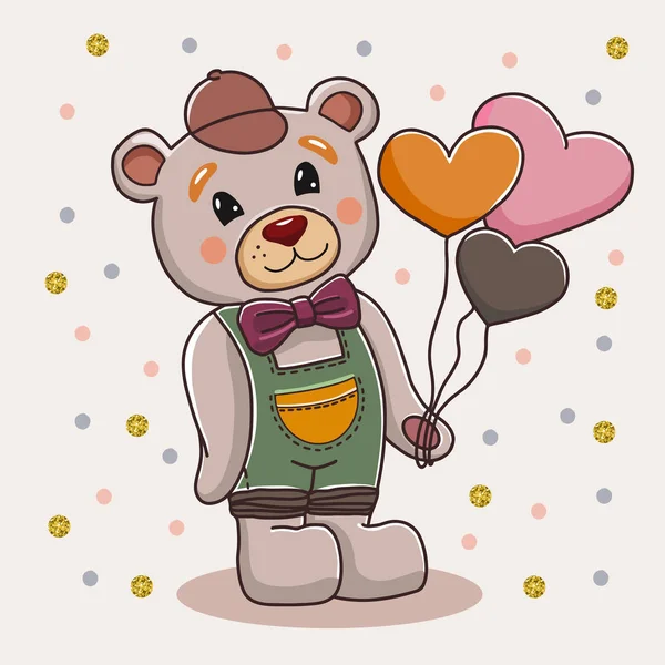 Bonito oso de dibujos animados de pie con globos en forma de corazón. Ilustración de arte digital dibujado a mano de animal. Bebé oso vector ilustración . — Archivo Imágenes Vectoriales