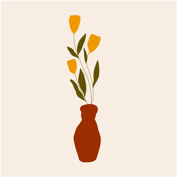 Vaso astratto disegnato a mano con fiori gialli. Illustrazione botanica con foglie e piante . — Vettoriale Stock