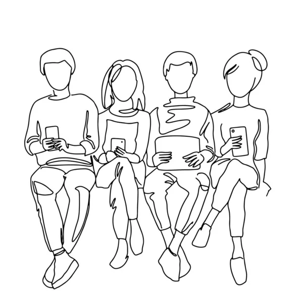 Group People Gadgets Together Friends Line Continuous Line Illustration Friendship — Stock Vector