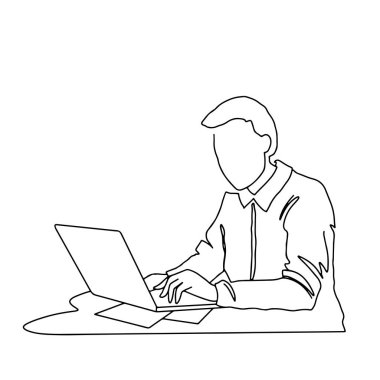 Bilgisayarla oturan genç adam. Serbest çalışan, iş adamı karakteri kavramı. Devamlı çizgi sanatı