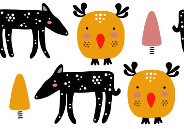 Köpekli soyut bebek deseni. Hayvansız çizgi film çizimi. Karakter sanatı ile vektör dijital arkaplan