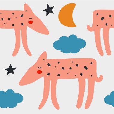 Köpekli soyut bebek deseni. Hayvansız çizgi film çizimi. Karakter sanatı ile vektör dijital arkaplan