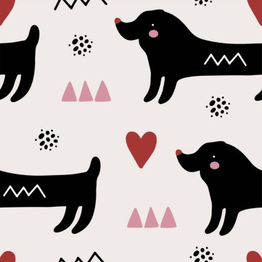 Köpekli soyut bebek deseni. Hayvansız çizgi film çizimi. Karakter sanatı ile vektör dijital arkaplan