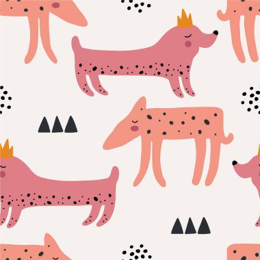 Köpekli soyut bebek deseni. Hayvansız çizgi film çizimi. Karakter sanatı ile vektör dijital arkaplan