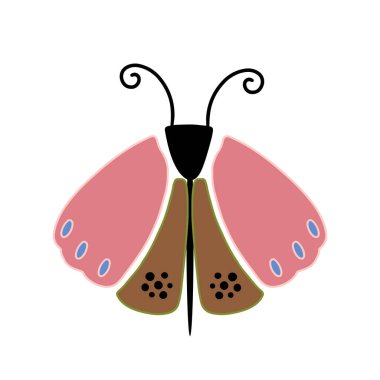 Kelebek ya da böcek karakter tasarımı. Sevimli hayvan vektör çizimi. Bebek posterleri, sanat eserleri, moda giysileri veya çıkartmaları için soyut simge.