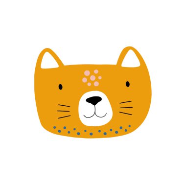 Kedi ya da kedi karakteri tasarımı. Sevimli hayvan vektör çizimi. Bebek posterleri, sanat eserleri, moda giysileri veya çıkartmaları için soyut simge.