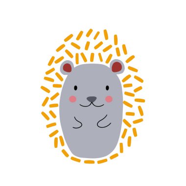 Kirpi karakter tasarımı. Sevimli hayvan vektör çizimi. Bebek posterleri, sanat eserleri, moda giysileri veya çıkartmaları için soyut simge.