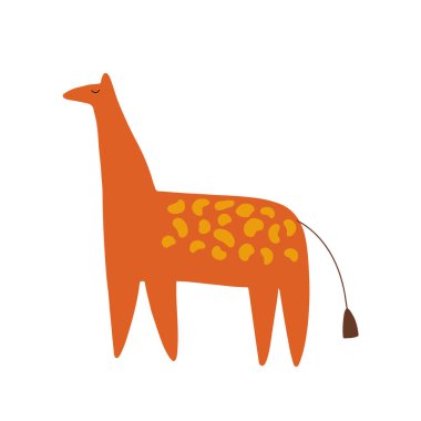 Jiraffe karakter tasarımı. Sevimli hayvan vektör çizimi. Bebek posterleri, sanat eserleri, moda giysileri veya çıkartmaları için soyut simge.