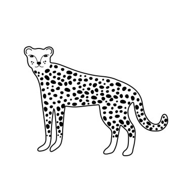 Leopar ya da çita karakter tasarımı. Sevimli hayvan vektör çizimi. Bebek posterleri, sanat eserleri, moda giysileri veya çıkartmaları için soyut simge.