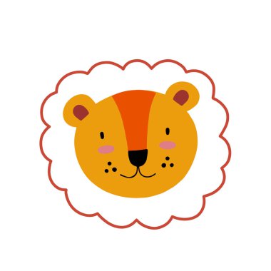 Aslan ya da kaplan karakter tasarımı. Sevimli hayvan vektör çizimi. Bebek posterleri, sanat eserleri, moda giysileri veya çıkartmaları için soyut simge.