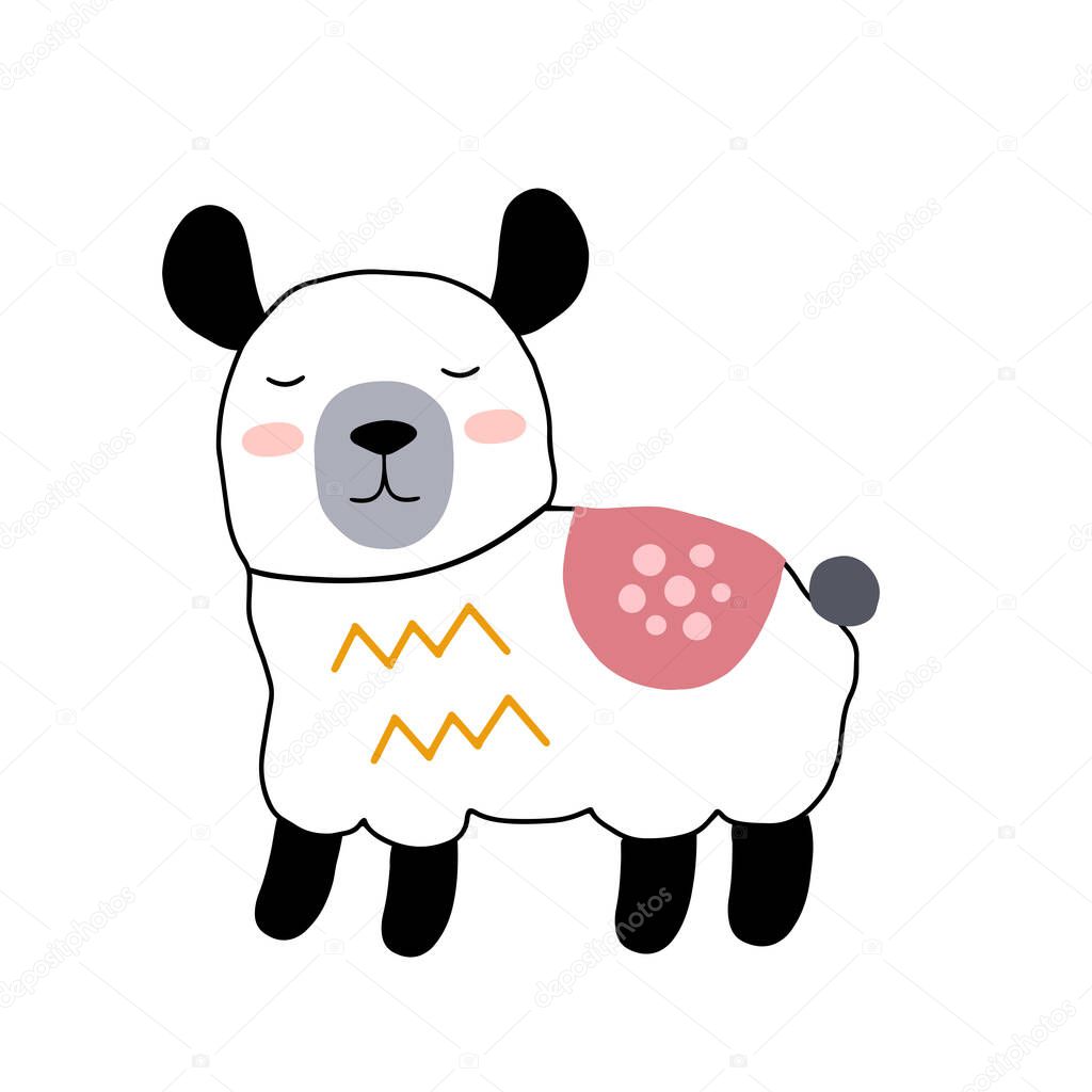 Llama or alpaca character design. Cute cartoon animal vector illustration. Abstract icon for baby posters, art prints, fashion apparel or stickers.
